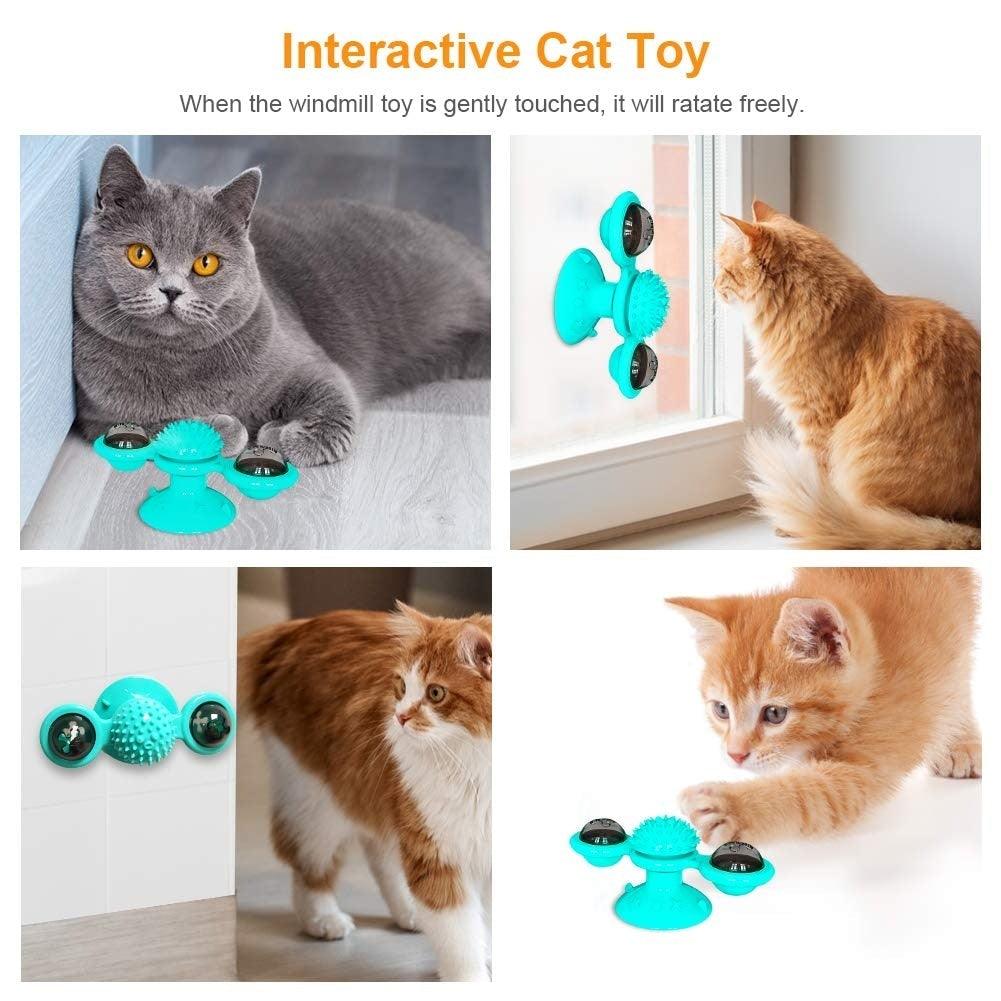 2 PCS Set Interactive Cat Toy Windmill Portable Scratch Hair Brush Grooming Shedding Massage Suction Cup Catnip Cats Puzzle Training Toy Portable Turntable Rotating Cat Toy Scratching Tickle Hair Brush