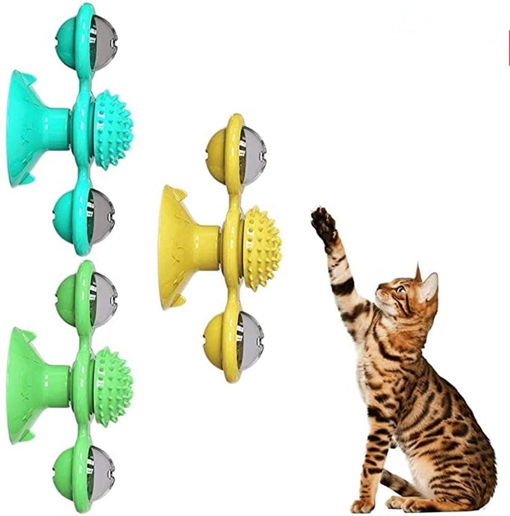 2 PCS Set Interactive Cat Toy Windmill Portable Scratch Hair Brush Grooming Shedding Massage Suction Cup Catnip Cats Puzzle Training Toy Portable Turntable Rotating Cat Toy Scratching Tickle Hair Brush