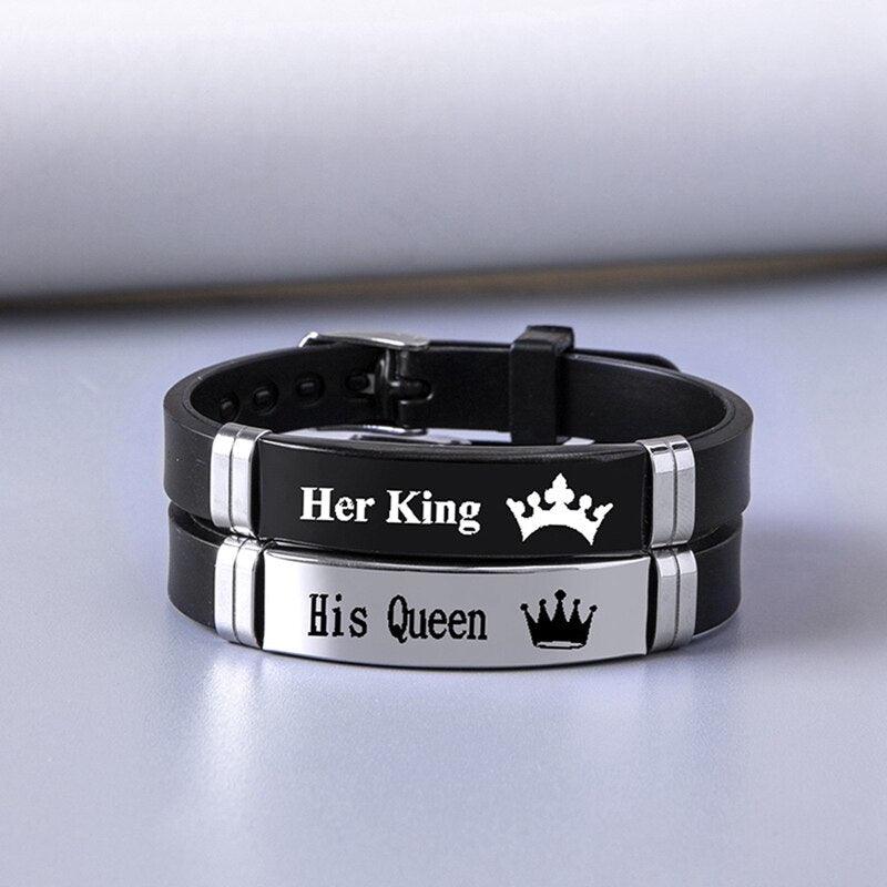 2 Pcs/Set Stainless Steel Crown Her King His Queen Trendy Sport Silicone Couple Bracelet Bangle Unisex Luxury Charm Friendship Silicone Stainless Bracelet For Teen Girls Best Friend