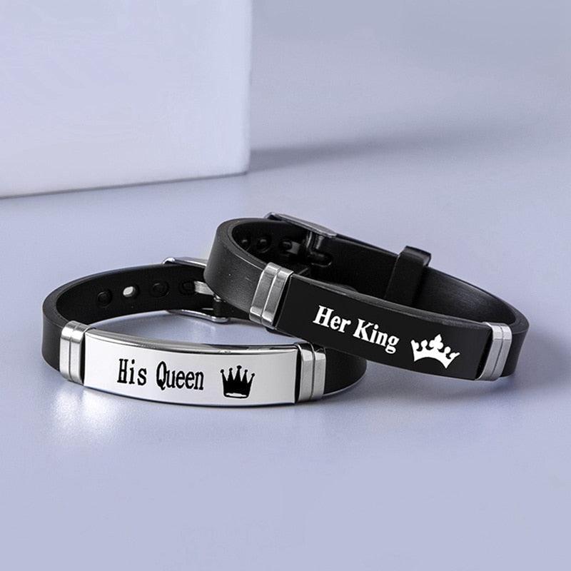 2 Pcs/Set Stainless Steel Crown Her King His Queen Trendy Sport Silicone Couple Bracelet Bangle Unisex Luxury Charm Friendship Silicone Stainless Bracelet For Teen Girls Best Friend