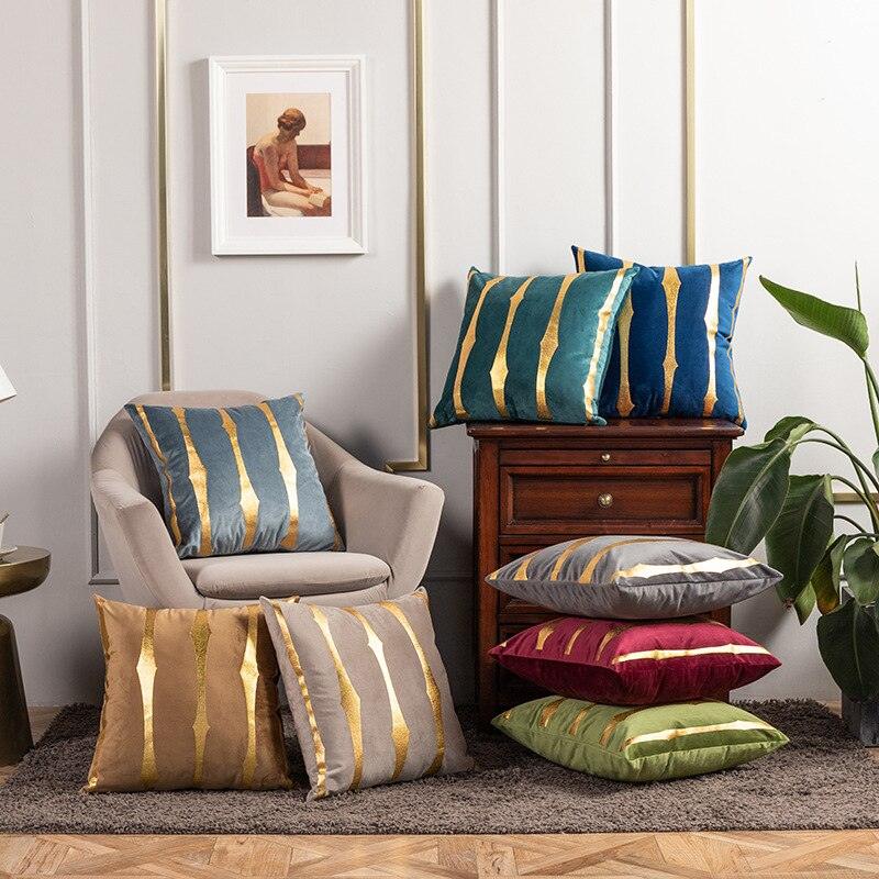 2021 Fashion Striped Pillowcase Festival Home Bronzing Square Decorative Throw Pillow Cover With Gold Striped Cushion Cases Modern Luxury Pillowcases Cushion Cover Soft Fabric Pillow Cases Decorative 45x45CM