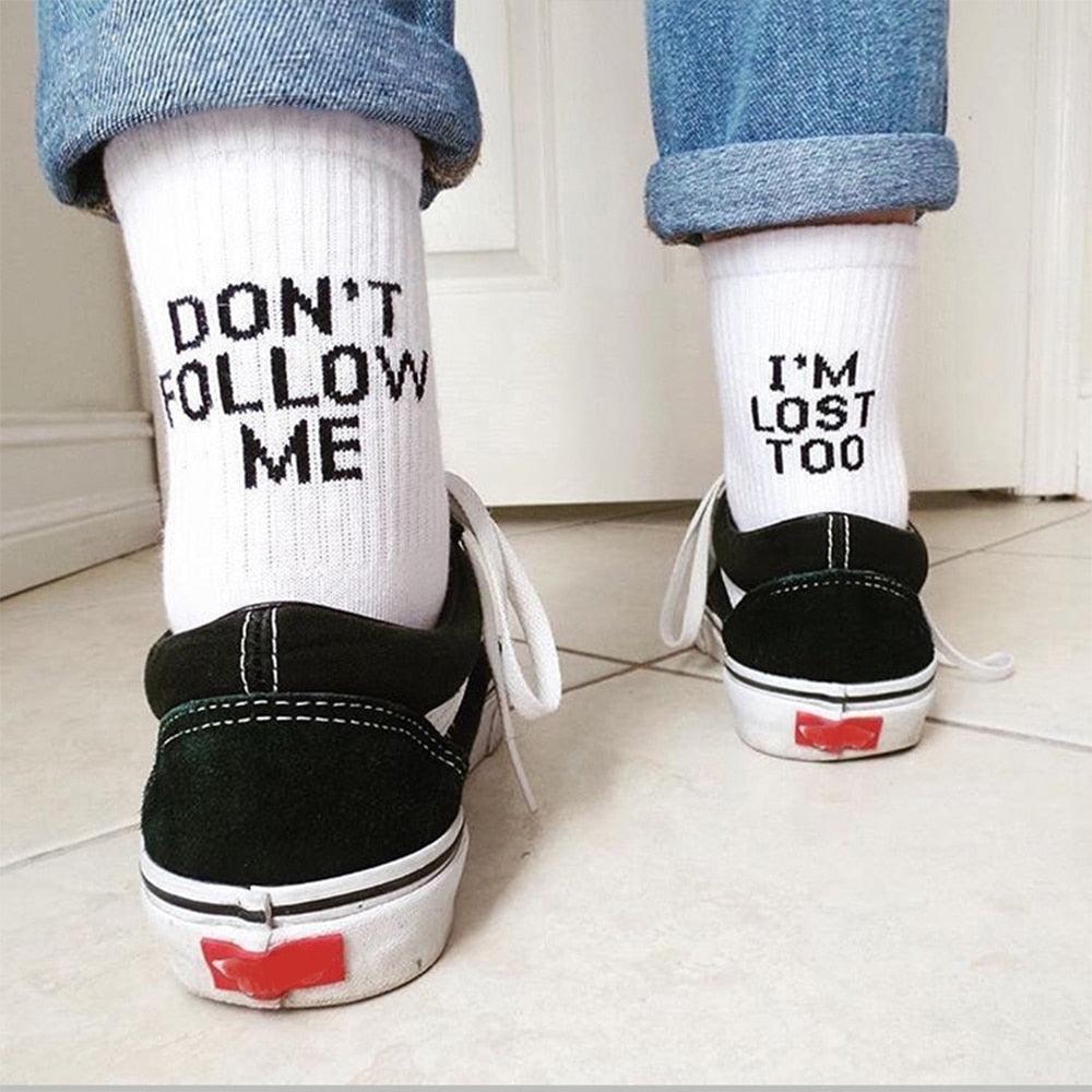 2022 Black White Cotton Socks AB Side Don't Follow Me I'm Lost too Creative Unisex Casual Socks Daily For Men And Women