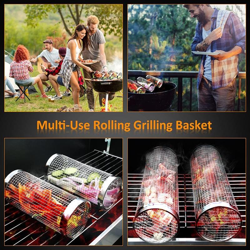 20cm/30cm BBQ Basket Stainless Cylindrical Rolling Grilling Baskets Portable Barbecue Rack For Grill For Fish Shrimp Meat Fries BBQ Grill Basket Rolling Grilling Basket Stainless Steel Grill Mesh Barbeque Grill Accessories