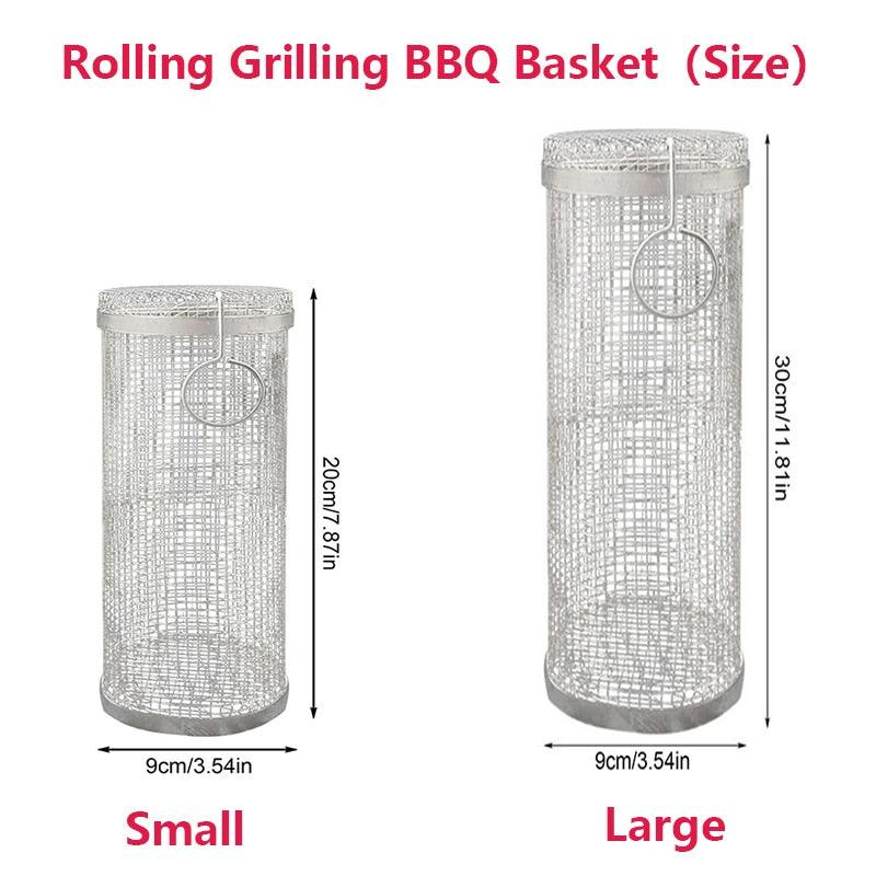 20cm/30cm BBQ Basket Stainless Cylindrical Rolling Grilling Baskets Portable Barbecue Rack For Grill For Fish Shrimp Meat Fries BBQ Grill Basket Rolling Grilling Basket Stainless Steel Grill Mesh Barbeque Grill Accessories