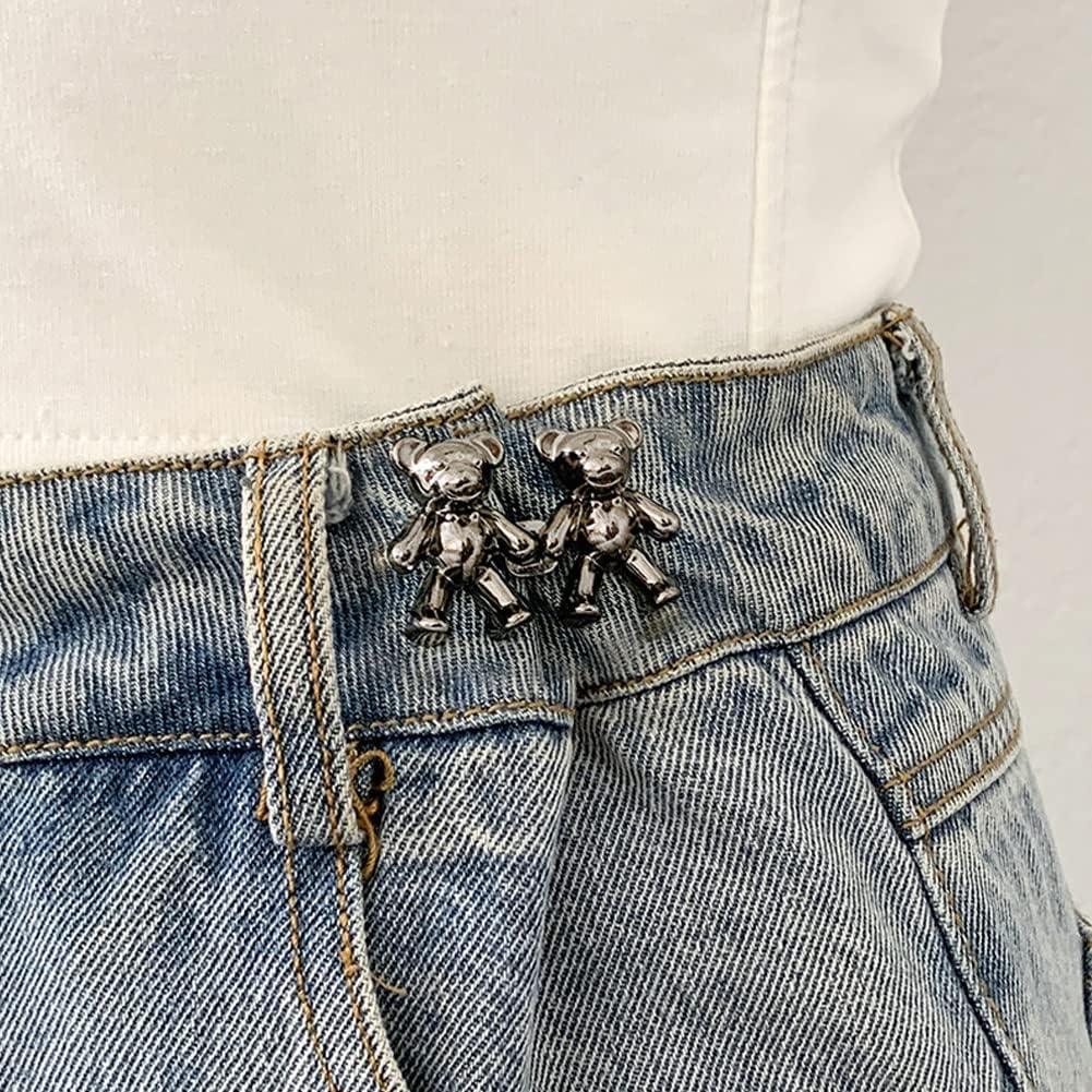 2Pcs Bear Shaped Adjustable Jean Button Waist Buckle Snap Pants Buckle Extender Replacement Jeans Button Safety Pins No Sew Detachable Waist Body Fit Tighten Safety Pins