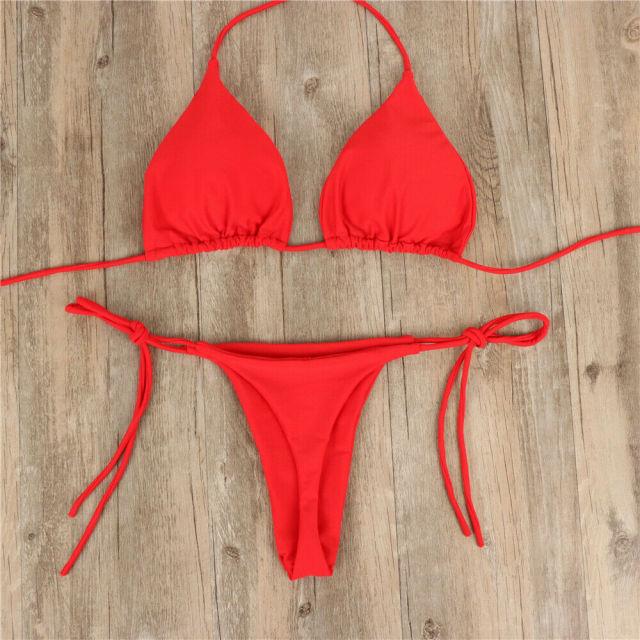 2pcs Bikini Set Padded Bra Women Push-Up Solid Swimwear Bandage Bathing Suit Swimsuit Swimming Suit Knotted String Triangle Bikini Tie Side High Cut Cheeky Bikini Set