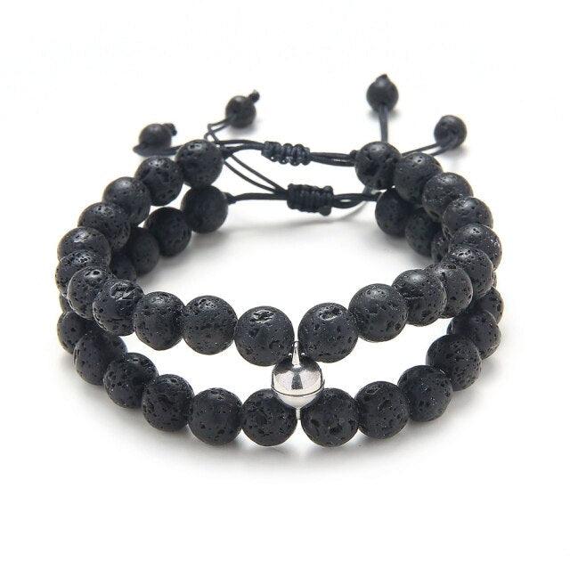 2PCS Couple Bracelets Sets Women Mens Distance Black White Beads Magnet Attract Charm Braiding Bracelet Couples Bracelets Magnetic Distance Bracelets His And Her Stone Bracelet