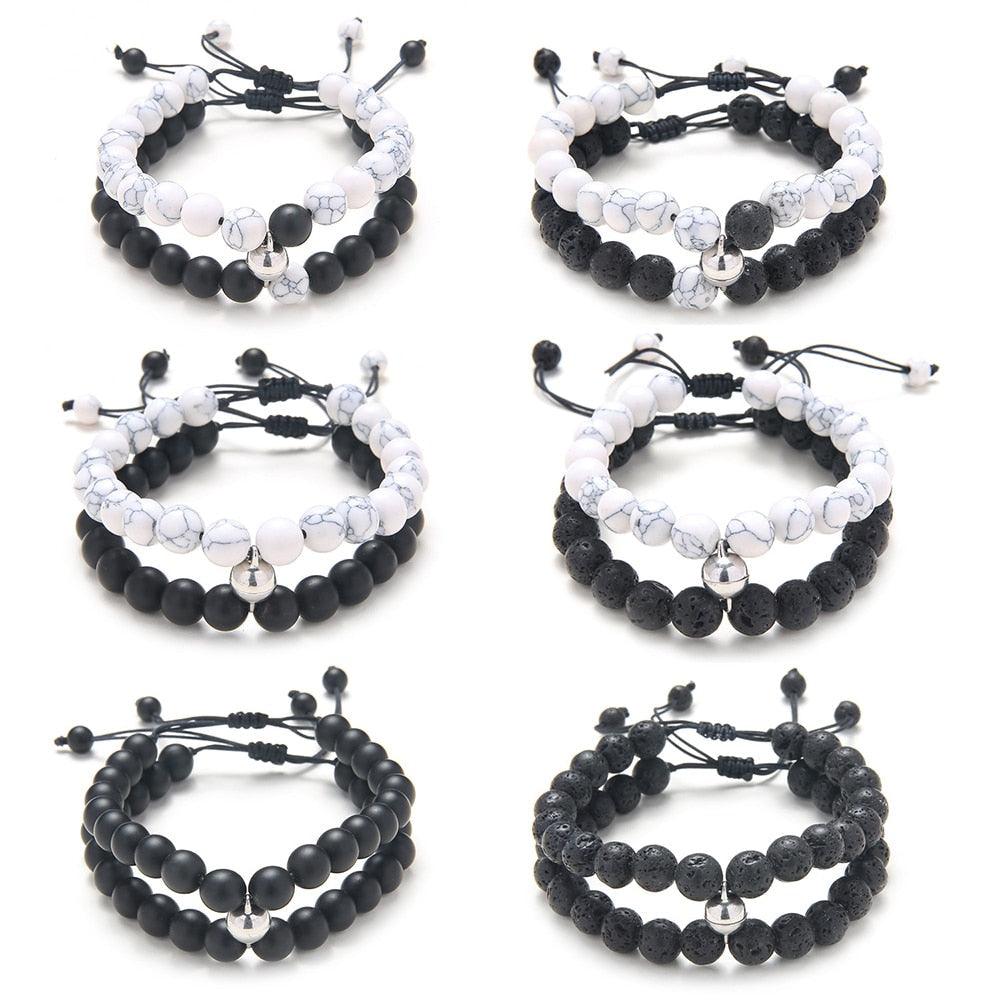 2PCS Couple Bracelets Sets Women Mens Distance Black White Beads Magnet Attract Charm Braiding Bracelet Couples Bracelets Magnetic Distance Bracelets His And Her Stone Bracelet