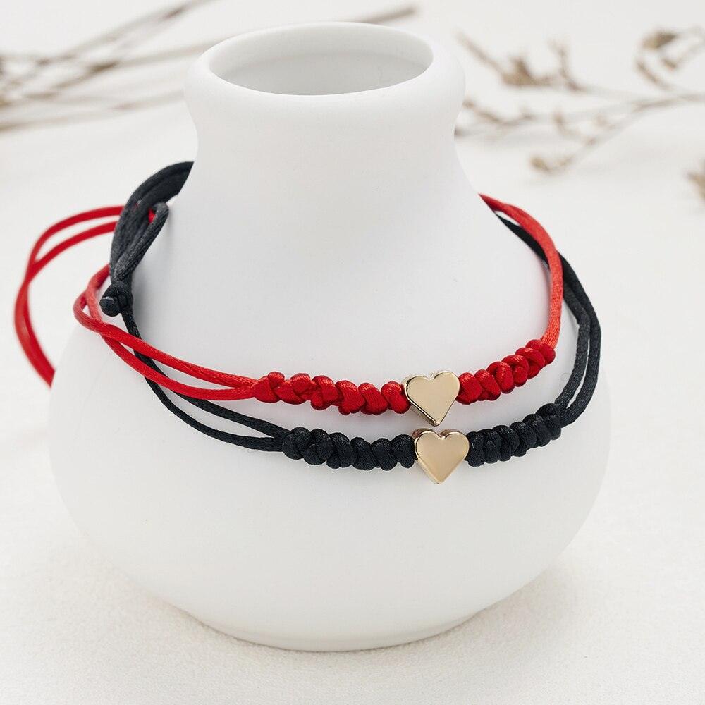 2pcs Heart Charm Bracelet For Women Men Adjustable Wish Good Lucky Red Strings Couple Bracelet Friendship Black String Silver Gold Heart Charm Bracelets For Women Men Teen Girls Boys Handmade Braided Wax Rope Adjustable Bracelet