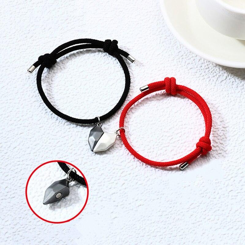 2Pcs Heart Matching Friendship Couple Minimalist Bracelet Rope Braided Magnetic Distance Bracelet Magnetic Matching Heart Bracelet For Him Her Couple Gift For Girlfriend Boyfriend Lover Wife Husband