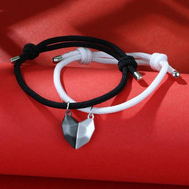 2Pcs Heart Matching Friendship Couple Minimalist Bracelet Rope Braided Magnetic Distance Bracelet Magnetic Matching Heart Bracelet For Him Her Couple Gift For Girlfriend Boyfriend Lover Wife Husband