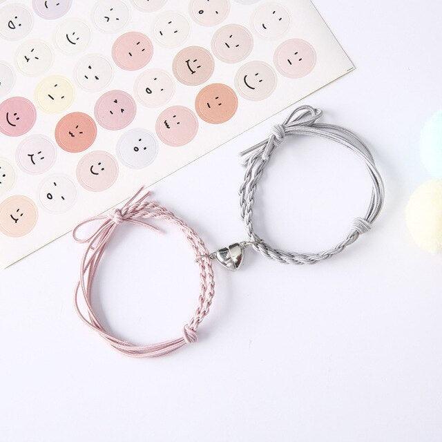 2PCS Magnetic Bracelet Stainless Steel Love Heart Charm Couple Bracelets For Friend Braid Rope Bracelets Magnet Adjustable Rope Matching Bracelet Love Bracelet Couples 2 Pieces Relationship Magnetic Bracelet