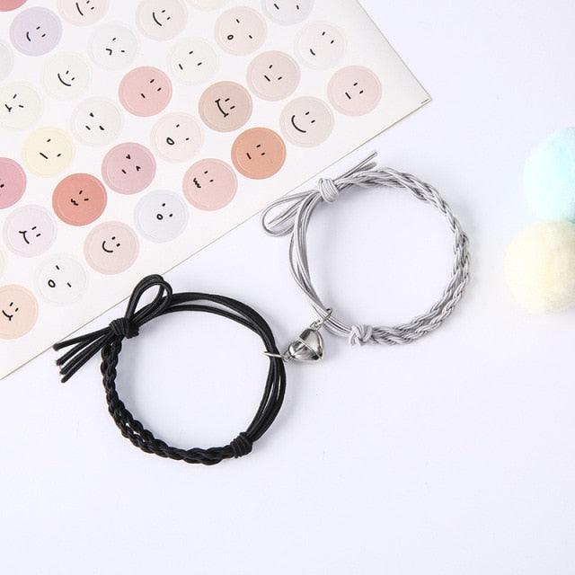 2PCS Magnetic Bracelet Stainless Steel Love Heart Charm Couple Bracelets For Friend Braid Rope Bracelets Magnet Adjustable Rope Matching Bracelet Love Bracelet Couples 2 Pieces Relationship Magnetic Bracelet