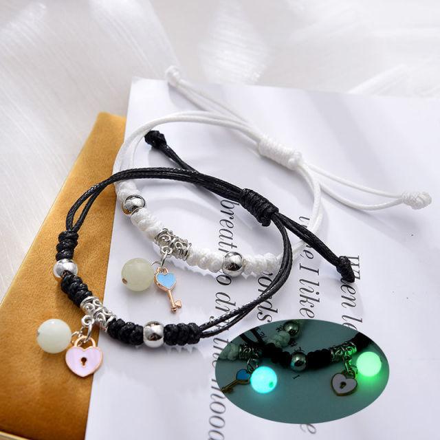 2PCS New Glow In Dark Luminous Cat Star Moon Bracelet Couple Handmade Adjustable Rope Matching Friend Bracelet Luminous Matching Bracelets For Couples Best Friend Gift