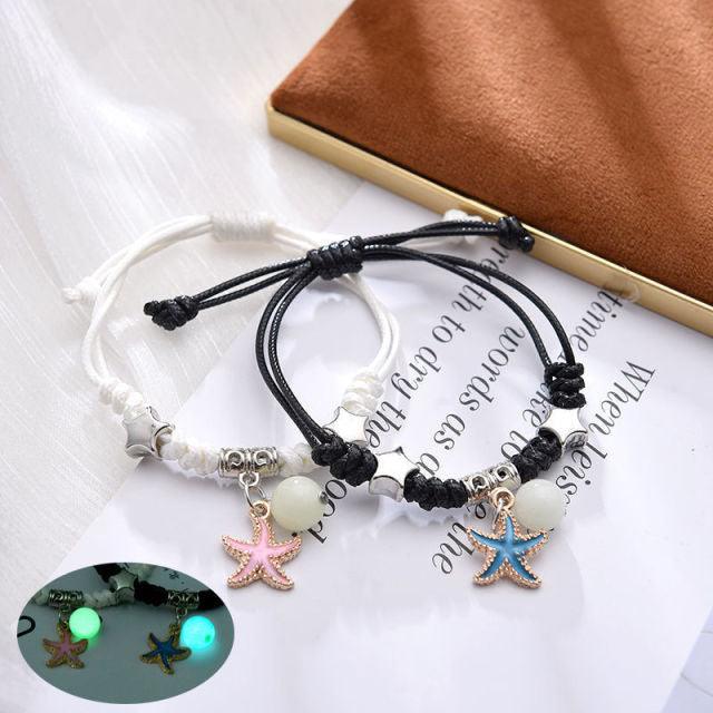 2PCS New Glow In Dark Luminous Cat Star Moon Bracelet Couple Handmade Adjustable Rope Matching Friend Bracelet Luminous Matching Bracelets For Couples Best Friend Gift