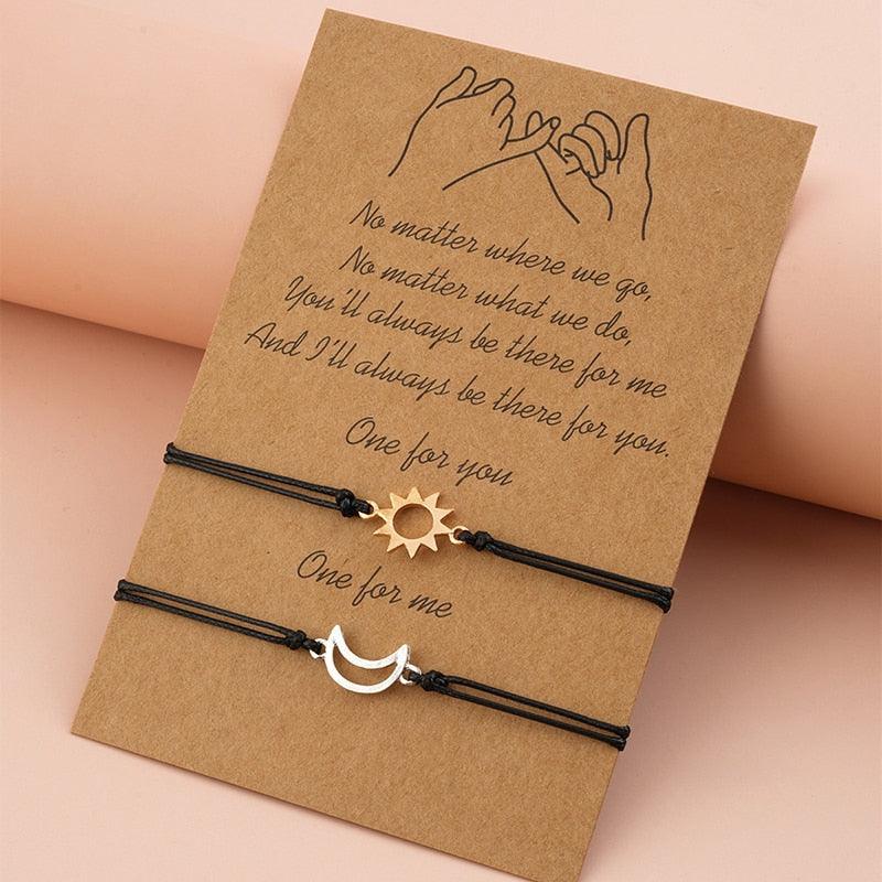 2pcs / Set Minimalist Sun Moon Charm Couple Bracelet Card Love Jewelry Gift Adjustable Braided Rope Bracelets Pinky Pomise Matching Relationship Bracelets For Best Friends Couple