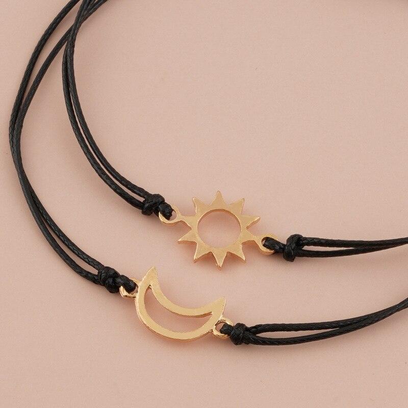 2pcs / Set Minimalist Sun Moon Charm Couple Bracelet Card Love Jewelry Gift Adjustable Braided Rope Bracelets Pinky Pomise Matching Relationship Bracelets For Best Friends Couple