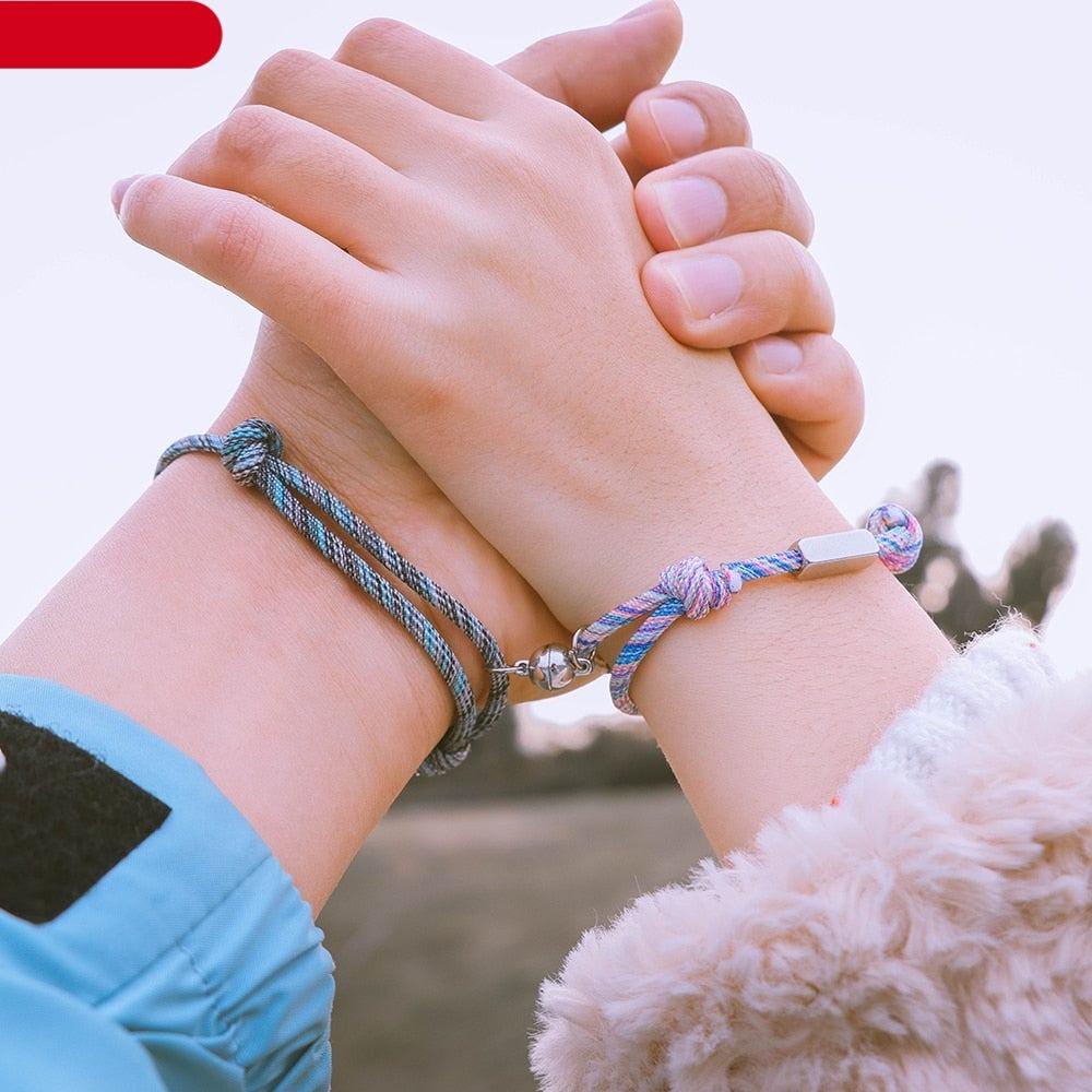 2pcs / Set Stainless Steel Cute Couple Bracelets Magnet Attraction Rope Bracelet Magnetic Couple Bracelet Relationship Matching Bracelets Set With Magnetic Bells Ideal Gift For Valentines