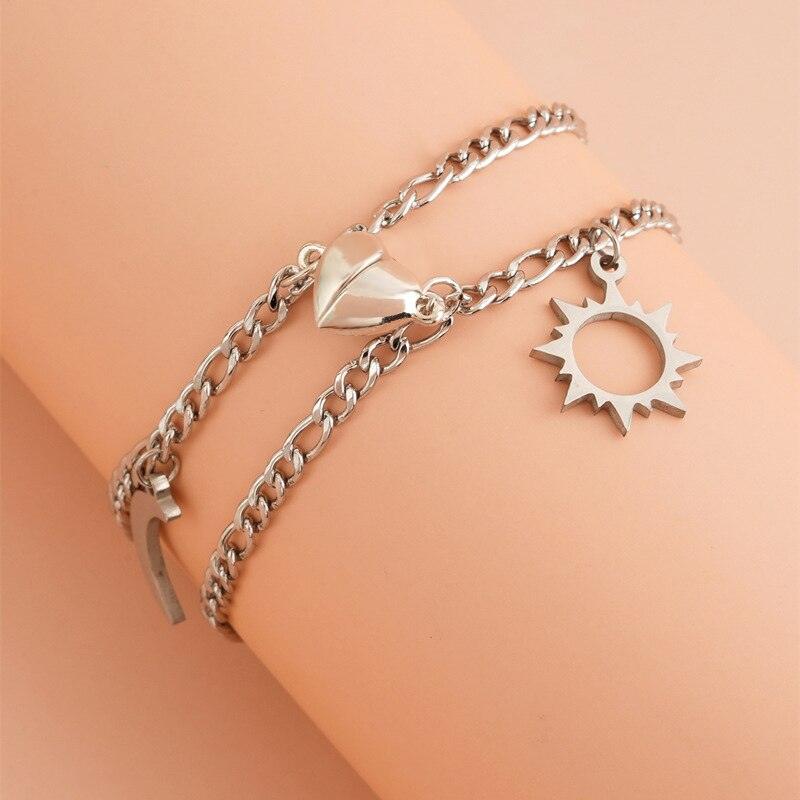 2Pcs Sun Moon Charm Magnet Attraction Stainless Steel Bracelets For Couples Men Women Jewelry Couples Bracelets For Women Men Stainless Steel Heart Magnet Bracelets For Couples Matching Bracelets For Boyfriend And Girlfriend