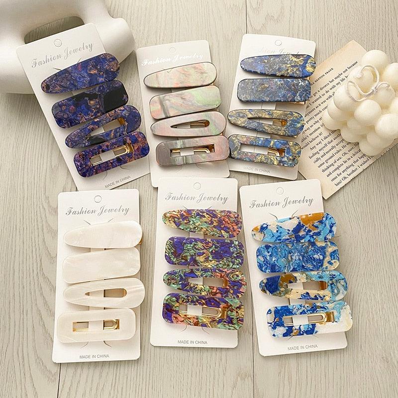 2PCS/Set Fashion WomenElegant Acrylic Geometric Hairpin Sweet Girl Hair Clip Marble Textured Barrettes Headband Gorgeous Hair Accessories For Women