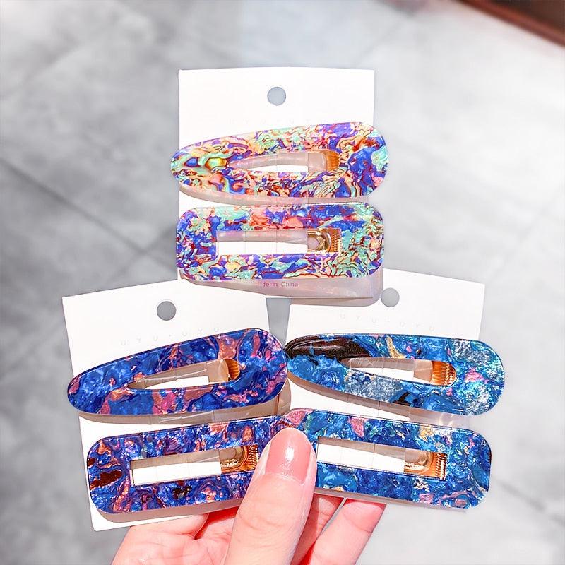 2PCS/Set Fashion WomenElegant Acrylic Geometric Hairpin Sweet Girl Hair Clip Marble Textured Barrettes Headband Gorgeous Hair Accessories For Women