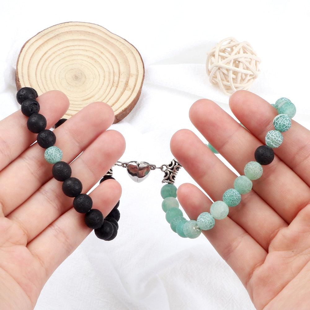 2Pcs/Set Heart Shape Magnet Pendant Bracelet Couples Love Meaningful Natural Stone Bangles Jewelry Bracelet For Couples Elastic Magnetic Field Therapy Bracelet Women Matt Stone Bracelets For Girlfriend