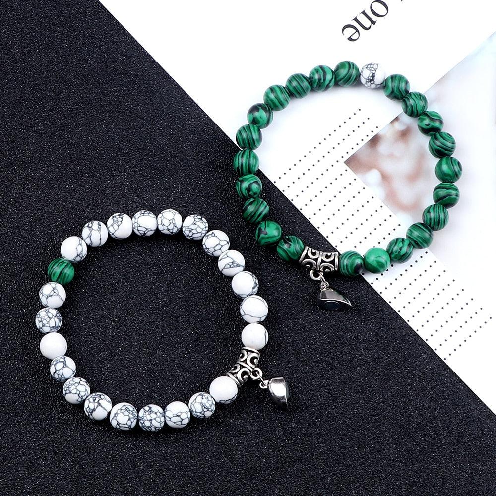 2Pcs/Set Heart Shape Magnet Pendant Bracelet Couples Love Meaningful Natural Stone Bangles Jewelry Bracelet For Couples Elastic Magnetic Field Therapy Bracelet Women Matt Stone Bracelets For Girlfriend