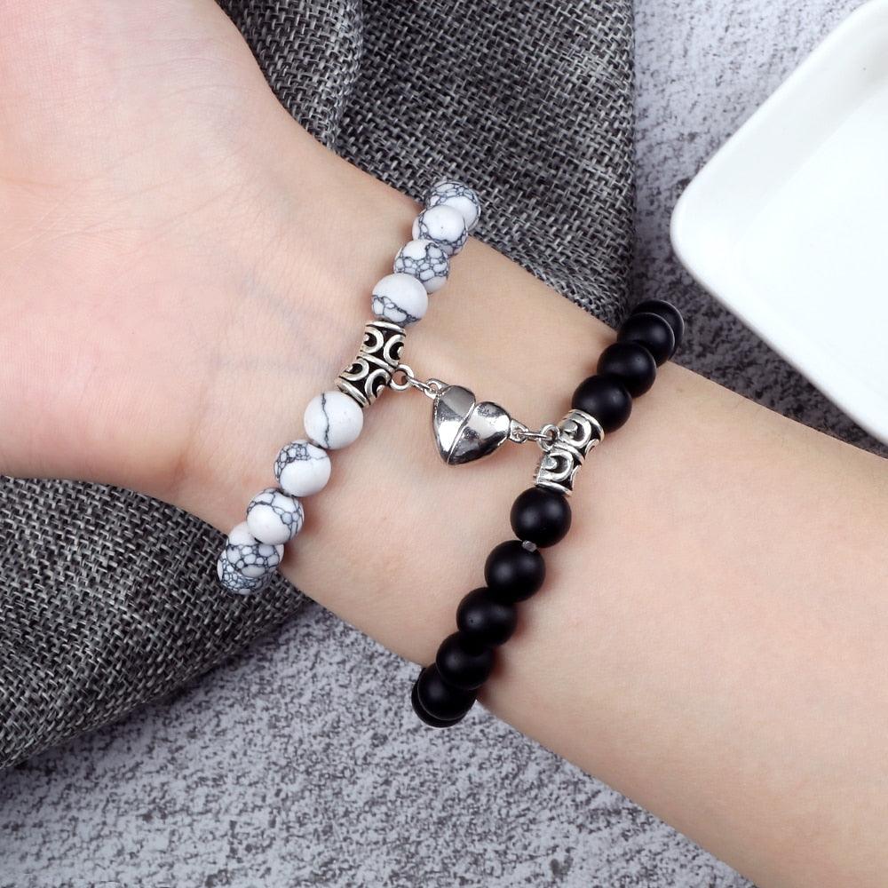 2Pcs/Set Heart Shape Magnet Pendant Bracelet Couples Love Meaningful Natural Stone Bangles Jewelry Bracelet For Couples Elastic Magnetic Field Therapy Bracelet Women Matt Stone Bracelets For Girlfriend