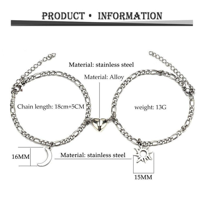 2pcs/set Stainless Steel Sun Moon Couple Bracelets Magnet Attraction Love  Heart Shaped Charms Couples Bracelet Stainless Steel Chain Bracelets Charm  Jewelry Matching Couple Bracelets