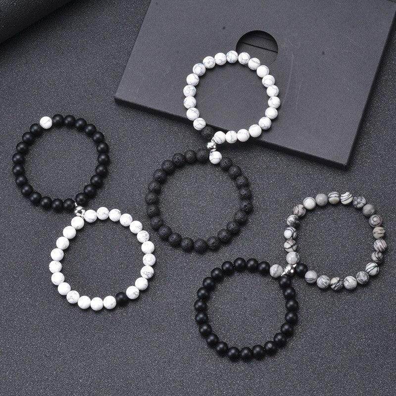 2Pcs/set White Black Couple Magnetic Bracelets Natural Stone Matching Bracelet Magnetic Beaded Bracelets Set Attraction Friendship Relationship Wish Bracelet Gift For Women Men Him Her Best Friends