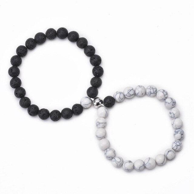 2Pcs/set White Black Couple Magnetic Bracelets Natural Stone Matching Bracelet Magnetic Beaded Bracelets Set Attraction Friendship Relationship Wish Bracelet Gift For Women Men Him Her Best Friends