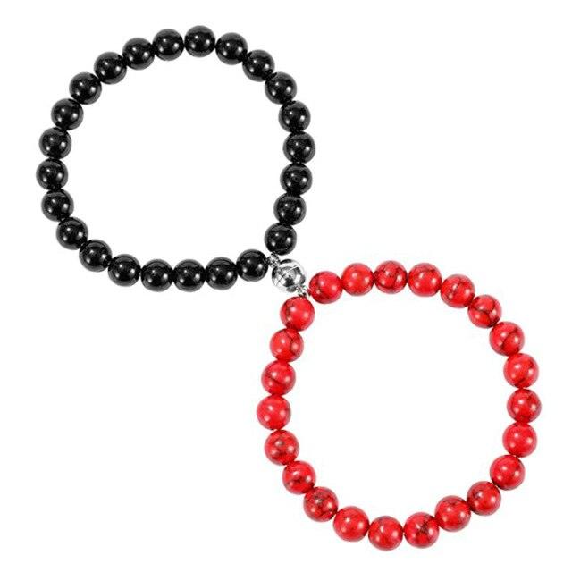 2Pcs/set White Black Couple Magnetic Bracelets Natural Stone Matching Bracelet Magnetic Beaded Bracelets Set Attraction Friendship Relationship Wish Bracelet Gift For Women Men Him Her Best Friends