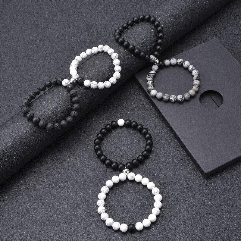 2Pcs/set White Black Couple Magnetic Bracelets Natural Stone Matching Bracelet Magnetic Beaded Bracelets Set Attraction Friendship Relationship Wish Bracelet Gift For Women Men Him Her Best Friends