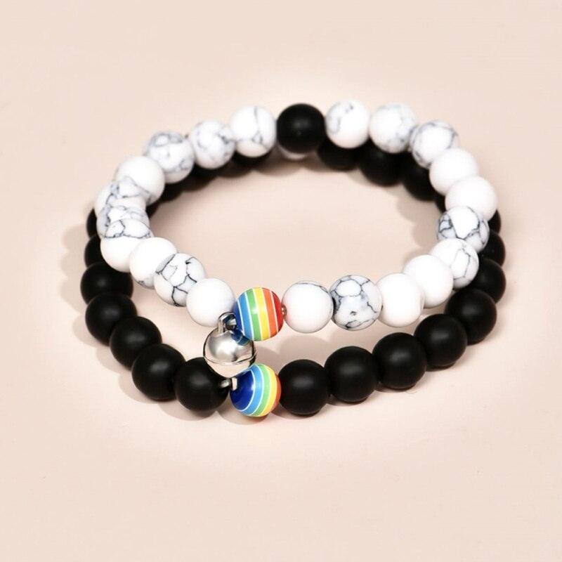 2Pcs/set White Black Couple Magnetic Bracelets Natural Stone Matching Bracelet Magnetic Beaded Bracelets Set Attraction Friendship Relationship Wish Bracelet Gift For Women Men Him Her Best Friends