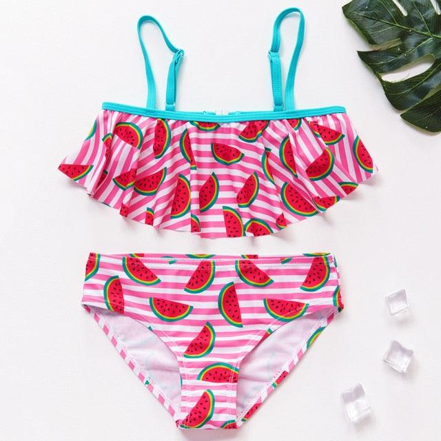 3-16Y Cartoon Two-piece Girls Swimwear Ruffle Swimsuit Bikini Set One Shoulder Beachwear Princess Two Piece Bathing Suit Children Swimwear Girls Swimsuit Bikini Set