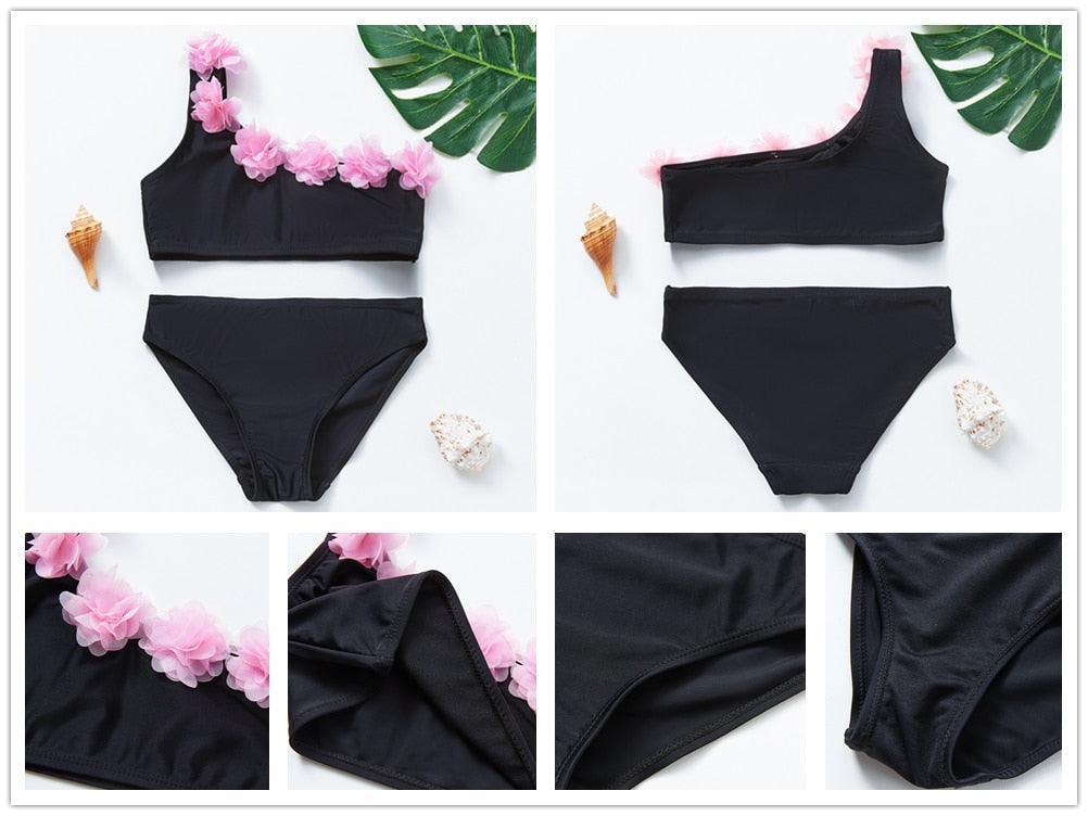 3-16Y Cartoon Two-piece Girls Swimwear Ruffle Swimsuit Bikini Set One Shoulder Beachwear Princess Two Piece Bathing Suit Children Swimwear Girls Swimsuit Bikini Set