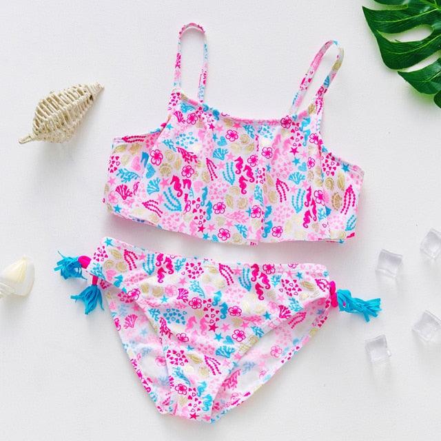 3-16Y Cartoon Two-piece Girls Swimwear Ruffle Swimsuit Bikini Set One Shoulder Beachwear Princess Two Piece Bathing Suit Children Swimwear Girls Swimsuit Bikini Set