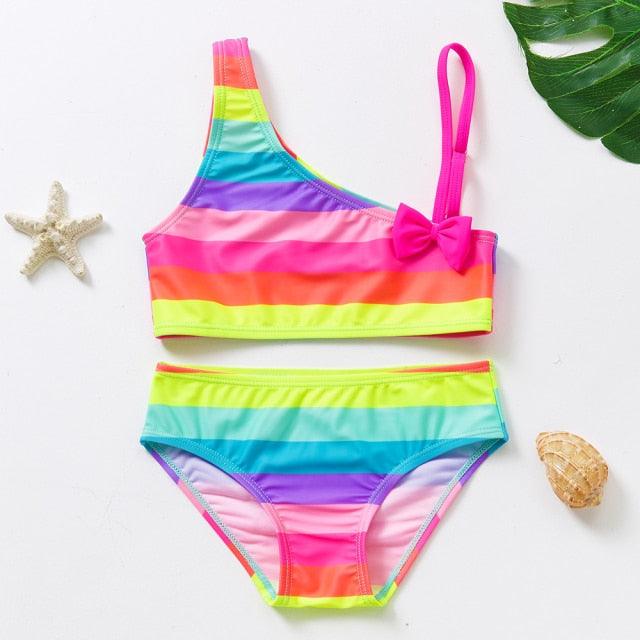 3-16Y Cartoon Two-piece Girls Swimwear Ruffle Swimsuit Bikini Set One Shoulder Beachwear Princess Two Piece Bathing Suit Children Swimwear Girls Swimsuit Bikini Set