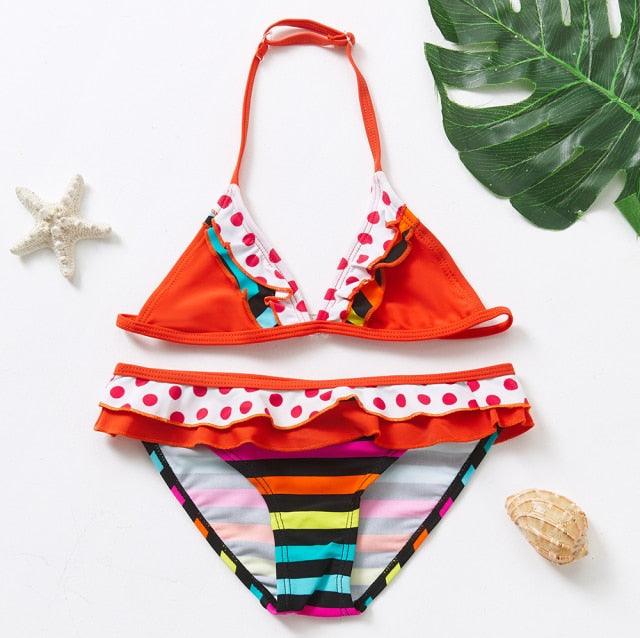 3-16Y Cartoon Two-piece Girls Swimwear Ruffle Swimsuit Bikini Set One Shoulder Beachwear Princess Two Piece Bathing Suit Children Swimwear Girls Swimsuit Bikini Set