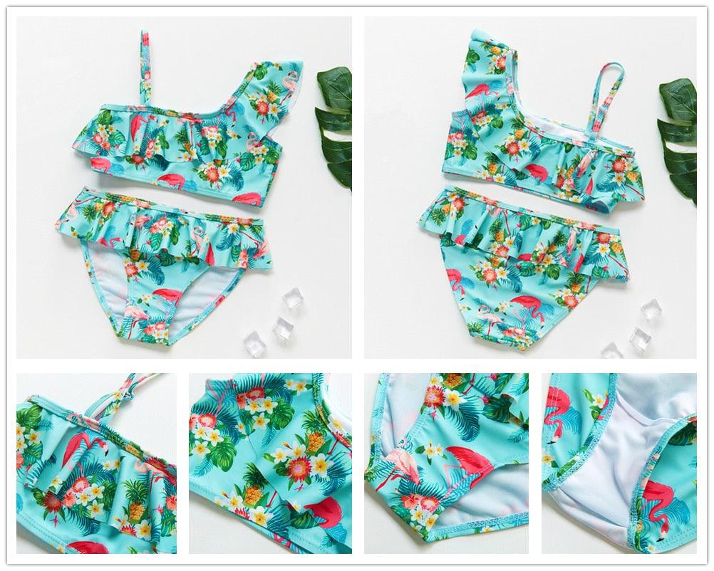 3-16Y Cartoon Two-piece Girls Swimwear Ruffle Swimsuit Bikini Set One Shoulder Beachwear Princess Two Piece Bathing Suit Children Swimwear Girls Swimsuit Bikini Set