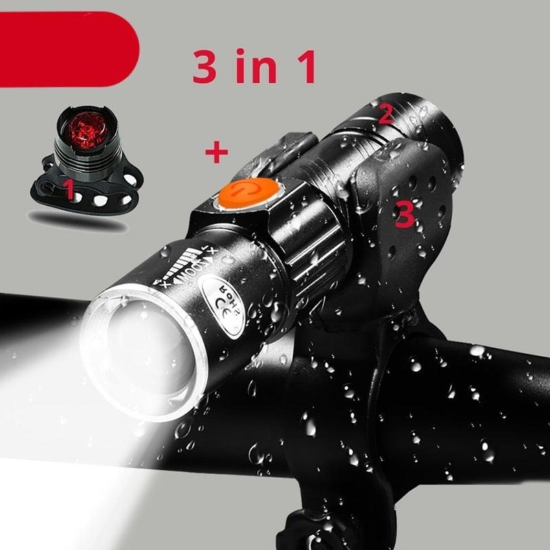 3 IN 1 Bike Bicycle Light Set USB LED Waterproof Super Bright Zoom Headlight Super Bright 3 Light Modes Bicycle Light Set Flashlight Easy Installs In Seconds Fits All Bicycles Powerful Bright Light 8000 Lumen