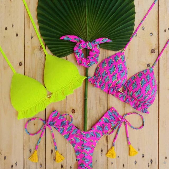 3 Piece Beautiful Pink Bikini Women Beach Outdoor Swimwear Floral Print Bikini Set Bikinis Swimsuit Women's Basic Push Up Bikini Set Textured Straps Wire Free Summer Bathing Suit