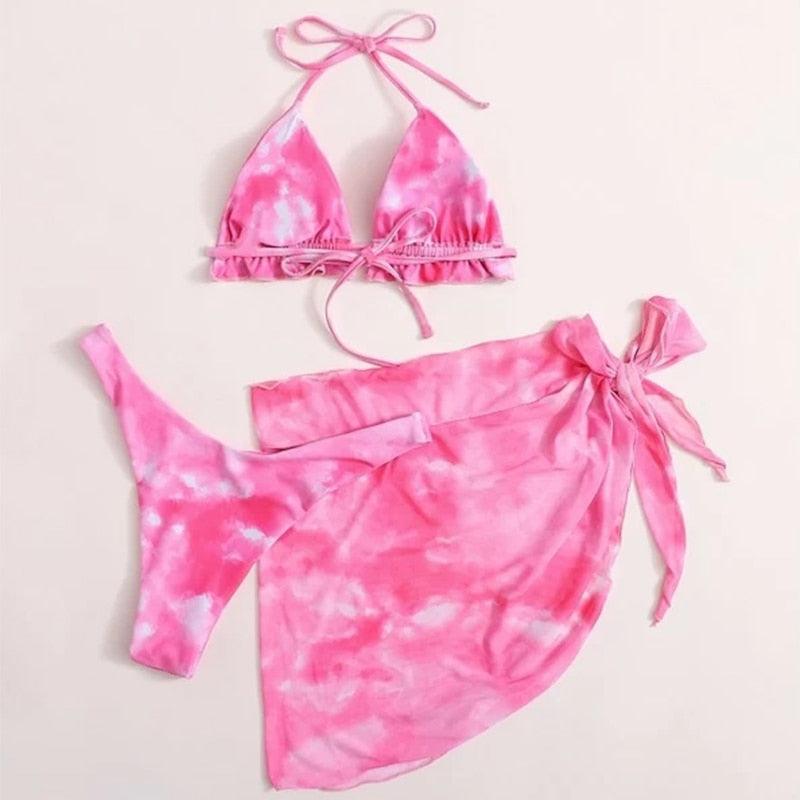 3 Piece Women Bikini Modern Swimsuit Women High Cut  Suit Halter Swimwear Women's Bikini Swimsuits With Wrap Skirt Lace Up Pieces Strings High Cut Bikini Set Bathing Suits Female Triangle Backless Bathing Suit