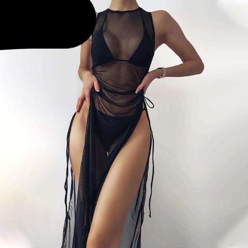 3 Pieces Set High Neck Swimwear Female Swimsuit Cover-Ups For Women Skirts Bikini Halter Triangle Bathing Suit Maxi Dress Bikini Cover Up