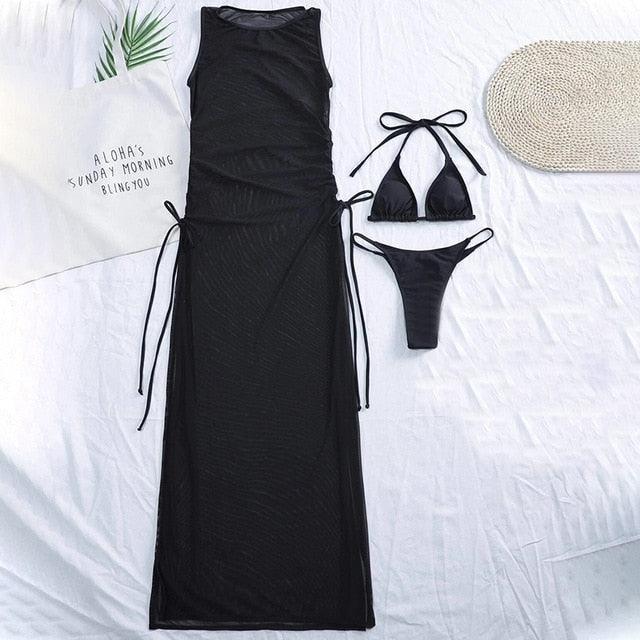 3 Pieces Set High Neck Swimwear Female Swimsuit Cover-Ups For Women Skirts Bikini Halter Triangle Bathing Suit Maxi Dress Bikini Cover Up