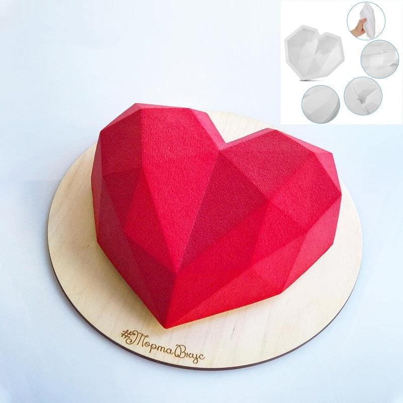 3D Diamond Love Heart Food Grade Mold Shaped Silicone With Dessert Decorating Cakes Mould For Birthday Fondant Chocolate Baking Diamond Heart Love Shape Silicone Mousse Cake Dessert Chocolate Mold