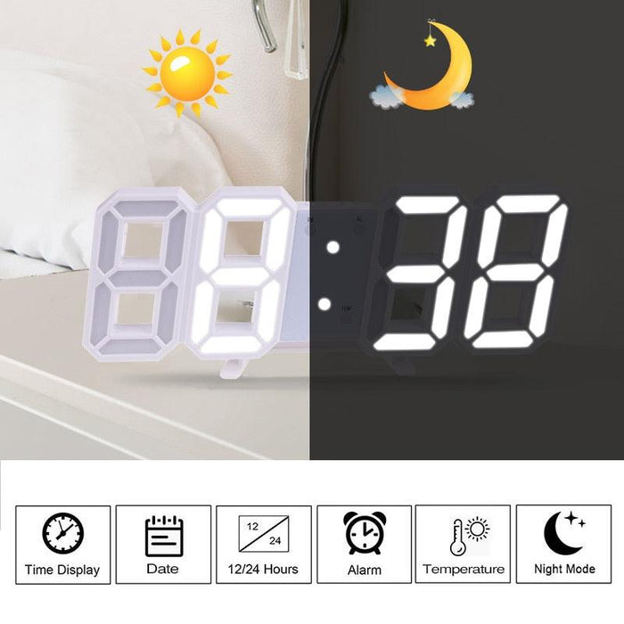 3D Large LED Digital Wall Clock Date Time Celsius Nightlight Display Table Desktop Clocks 3D Digital Alarm Clock Modern Design LED Wall Desk Clocks 12/24H Time /Date/ Temperature Display Nightlight /Brightness Adjustable/ Alarm Clock For Living Room