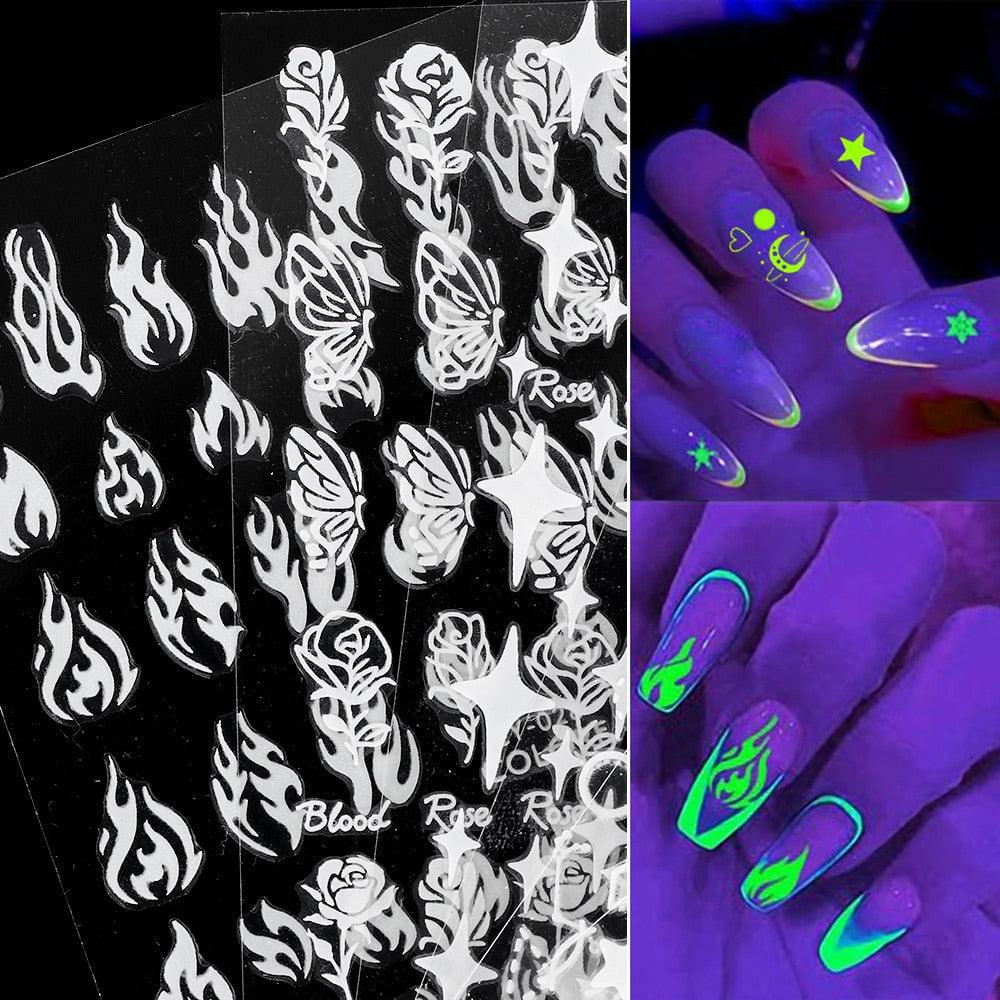 3D Nail Polish Sticker Flame Butterfly Rose Star Nail Glitter Decals Water Transfer Summer Sliders Nail Art Decorations Glow in Dark Nail Stickers Self-Adhesive Nail Art Decals Butterfly Flower Star Heart Nail Strips Glow Dark Nail Art Manicure