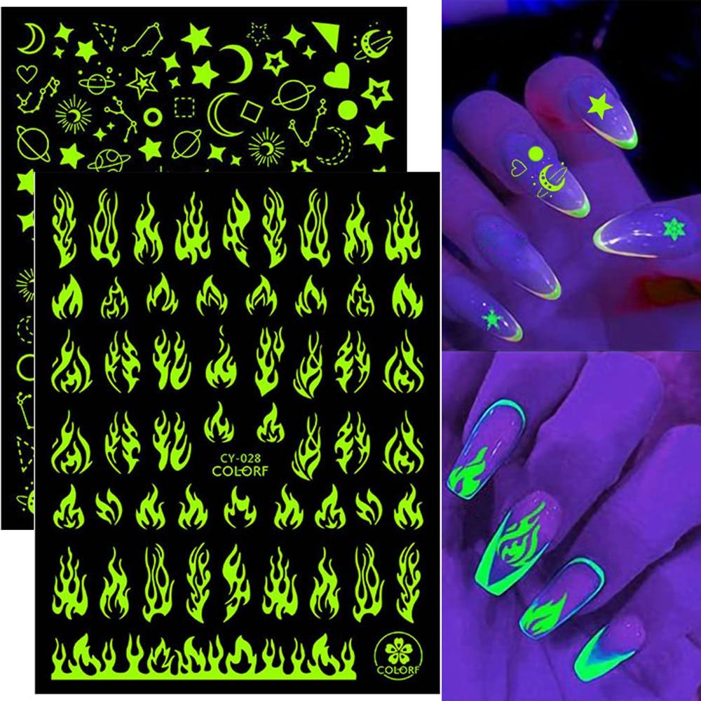 3D Nail Polish Sticker Flame Butterfly Rose Star Nail Glitter Decals Water Transfer Summer Sliders Nail Art Decorations Glow in Dark Nail Stickers Self-Adhesive Nail Art Decals Butterfly Flower Star Heart Nail Strips Glow Dark Nail Art Manicure