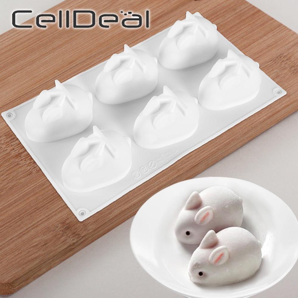 3D Rabbit Shape Silicone Cake Mold 6-cavity Mousse Dessert Baking Bunny Mold Chocolate Bakeware Pastry Decorating Mould Easter Bunny Chocolate Silicone Mold For Baking Rabbit Shape